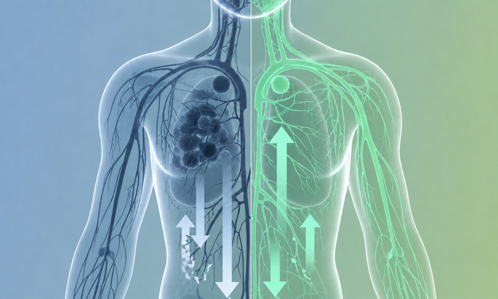 Darstellung eines stockenden und eines natürlichen Lymphflusses